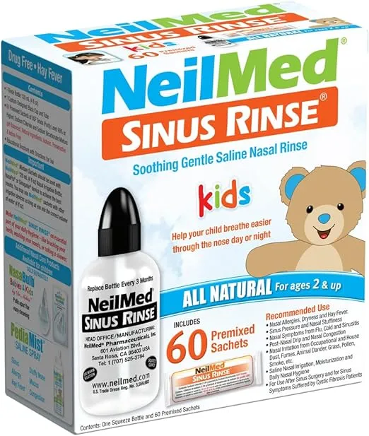 Neilmed's Sinus Rinse, Pediatric, Complete Saline Nasal Rinse Kit 60 Premixed Packets