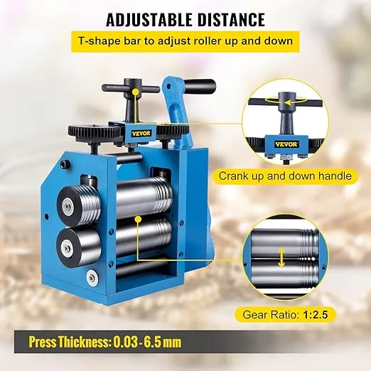 VEVOR Rolling Mills, 3"/76mm Jewelry Rolling Mill Machine Gear Ratio 1:2.5 Wire Roller Mill,0.1-7mm Press Thickness Manual Combination Rolling Mill, for Metal Jewelry Sheet Square Semicircle Pattern