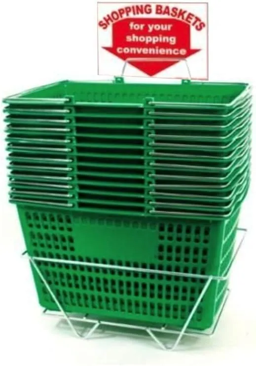 Only Hangers Shopping Basket Set of 12 Durable Red Plastic with Sign and Stand - Available in Black, Green, Blue, and Yellow (GREEN)