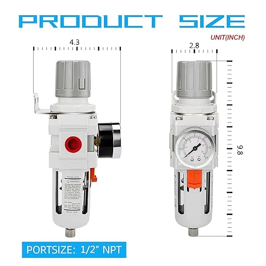 NANPU 1/2" NPT Compressed Air Filter Regulator Combo Piggyback, 5 Micron Brass Element, Poly Bowl, Semi-Auto Drain, Metal Bracket, 0-150 psi Gauge
