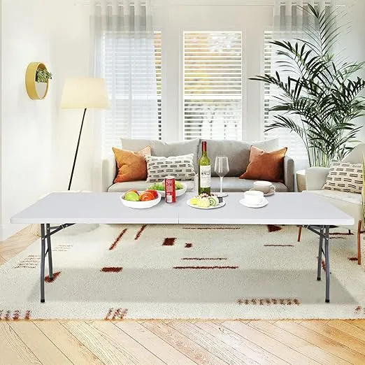 ZenStyle Indoor Outdoor Heavy Duty Plastic Folding Table Portable Picnic Table Fold-in-Half Utility Table w/Handle and Steel Legs for Camping, Dining, Party, White (8ft)