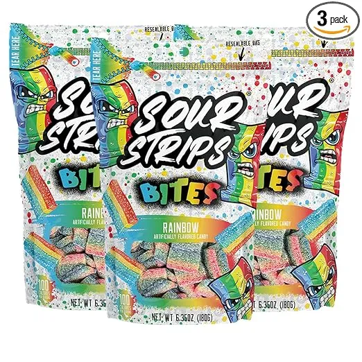 Sour Strips Bites Flavored Sour Candy Strips, Deliciously Sour Chewy Candy Belts, Vegetarian Candies, Bites 3-Pack