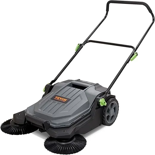 VEVOR 25.6" Sweeping Width Floor Sweeper Manual Non-Electric 5-Gallon Waste Container, Angle & Height Adjustable Folding Handle for Walkway, Yard, Garage, Patio, Gray + Black