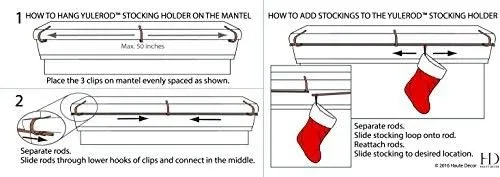 Haute Decor The Original MantleClip Stocking Holder Rod, for Large Families, Pewter - Hang Many Stockings, fits mantels up to 3 inches Thick