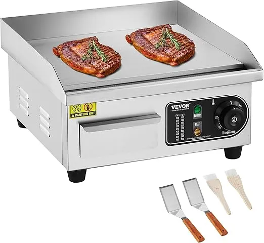 VEVOR Commercial Electric Griddle, 1700W Countertop Flat Top Grill, 14in Stainless Steel Griddle Grill with 2 Shovels and 2 Brushes for Home or Restaurant, 122℉-572 ℉ Adjustable Temp