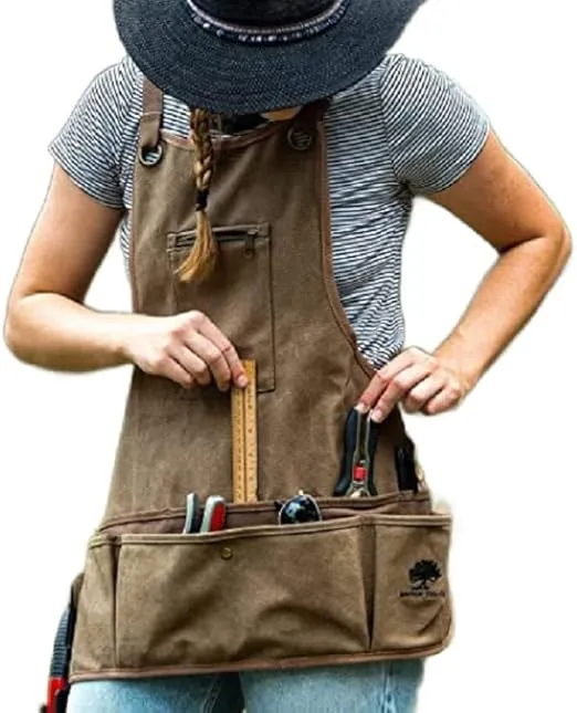 Ironwood Tool Co. 16oz Waxed Canvas Garden Tool Apron with shoulder pads, double stitched pocket, metal grommets for strap