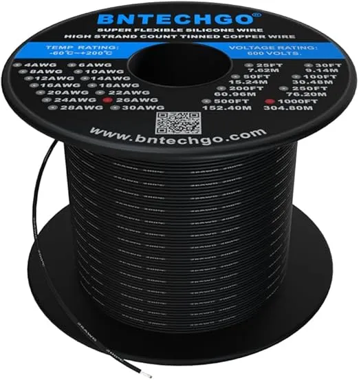 BNTECHGO 26 Gauge Silicone Wire Spool 1000 ft Black Flexible 26 AWG Stranded Tinned Copper Wire
