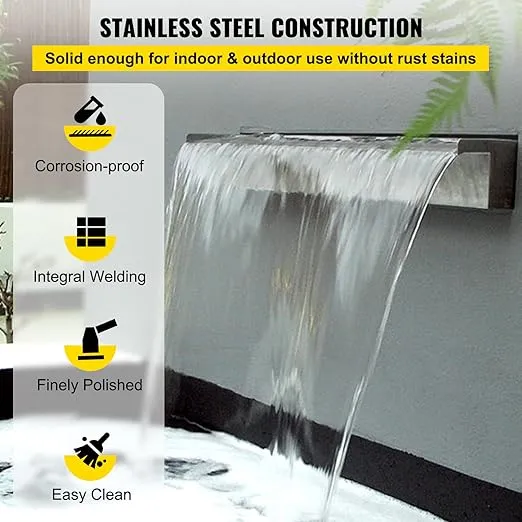 VEVOR Pool Fountain Stainless Steel Pool Waterfall 23.6" x 4.5" x 3.1"(W x D x H) Waterfall Spillway with Pipe Connector Rectangular Garden Outdoor, Silver