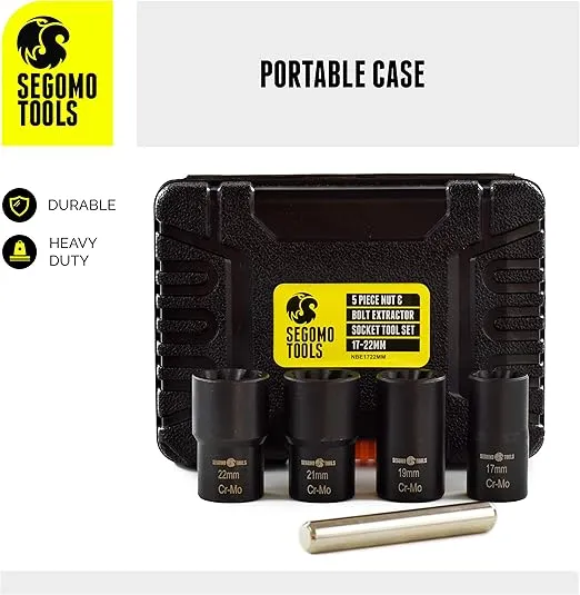 Segomo Tools 5 Piece Metric Lug Nut & Bolt Extractor Removal Socket Set (17mm - 22mm) | Lug Nut Remover | Bolt Remover | Lug Nut Extractor | Extractor Set | Lug Nut Removal Tool - NBE1722MM
