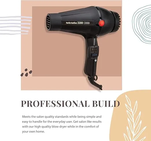 Turbo Power 3200 Black Twin Turbo Hair Dryer with Hair Brush RPM 12 for Smooth, Soft, Silky Hair