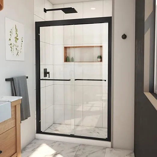 DreamLine Duet Plus 44-48 in. W x 72 in. H Semi-Frameless Bypass Sliding Shower Door in Matte Black