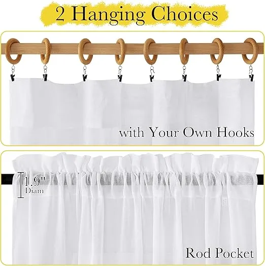 NICETOWN Kitchen Window Curtains, Rod Pocket Semi Sheer Linen Drapes Short Small Curtains Privacy Protection with Light Filtering for Bathroom/Cafe, White, W42 x 45", 2 Panels