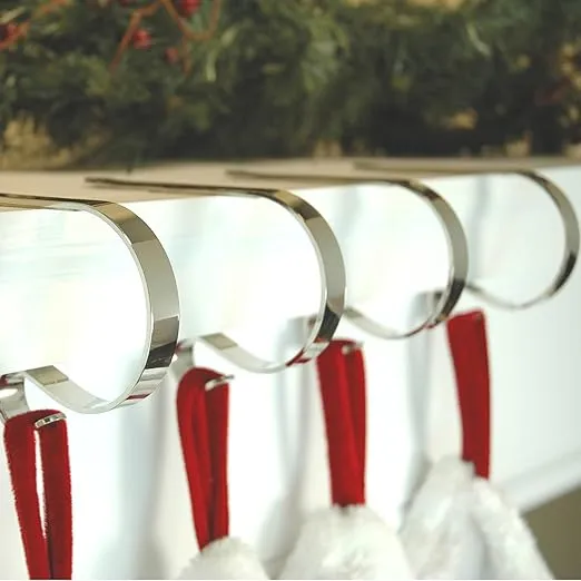 Haute Decor The Original MantleClip® Stocking Holder, 4 Pack - Silver - Hang Christmas Stockings, Lights, Garland securely from Fireplace mantels and Shelves up to 3 inches Thick