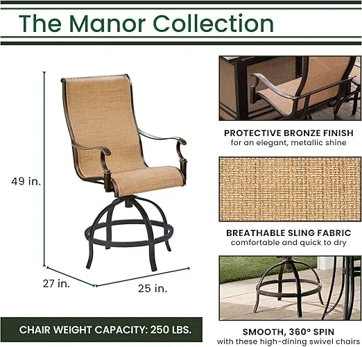 Hanover Manor 3-Piece Outdoor Dining Set, Rust Resistant Aluminum Patio Dining Set for 2 with Sling Swivel Rockers and 30" Counter-Height Bistro Patio Table for Backyard, Deck, Patio, and Porch