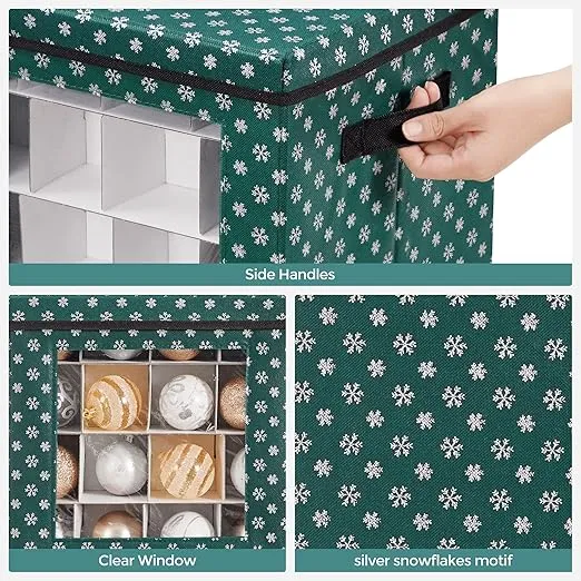 SONGMICS Christmas Ornament Storage, Holds 192 Holiday Ornaments, with Lid, Adjustable Dividers, 2 Handles Transparent Window, Storage Boxes Containers for Bulbs Decorations, Green URFB029G01