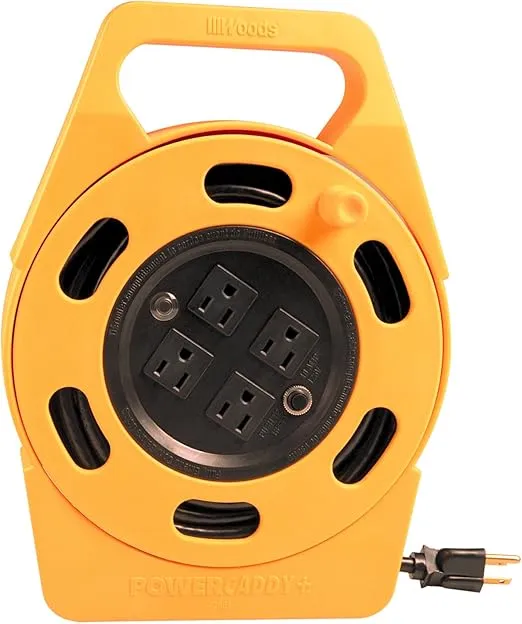 Woods 2801 Extension Reel with Four 3-Prong Power Outlets; Heavy Duty Retractable Cord; User Friendly; Made of Flame Resistant Materials; 10 AMP Circuit Breaker; 25 Foot; Yellow; Orange