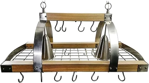 Elegant Designs PR1001-WOD 2 Light Kitchen Wood Pot Rack with Downlights, Wood with Brushed Nickel Accents