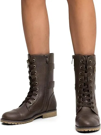 DREAM PAIRS Women's Combat Boots, Mid Calf Built-in Wallet Pocket Lace up Military Ankle Booties