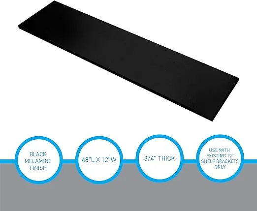 SSWBasics Laminated Black Melamine Shelf Board, 48”L x 12”W, Durable and Sleek Cabinet Replacement Shelves, Sturdy and Stylish Shelf Boards for Retail, Thrift, Business, Home, or Office