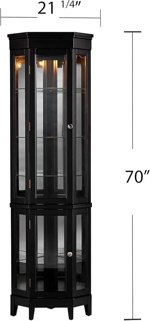 SEI Furniture Essex 2-Tier Corner Adjustable Glass Shelves Curio Cabinet, Black