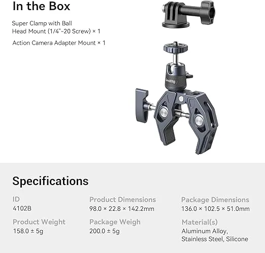 SMALLRIG Camera Mount Clamp, Gopro Motorcycle and Bike Handlebar Mount Kit, Super Clamp for DSLR, Action Camera, Gopro, Insta360, LED Light, Monitor, Max Load 3.5KG - 4102B