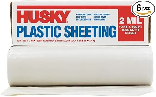 6-Rolls of 10’ x 100’ Poly - America RS210C Husky Clear 2-Mil Low Density Plastic Sheeting