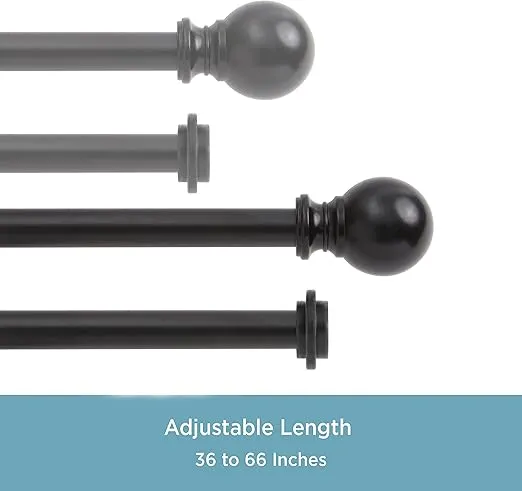 Kenney KN75917 Ball End Standard Decorative Window Double Curtain Rod, 36-66" Adjustable Length, Matte Black Finish, 5/8" Diameter Steel Tubes