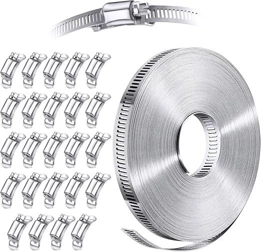 304 Stainless Steel Hose Clamp Assortment Kit DIY, Cut-To-Fit 50 FT Metal Strap+24 Stronger Fasteners, Large Adjustable Worm Gear Hose Clamps Screw Clamps Duct Pipe Metal Clamp Strapping