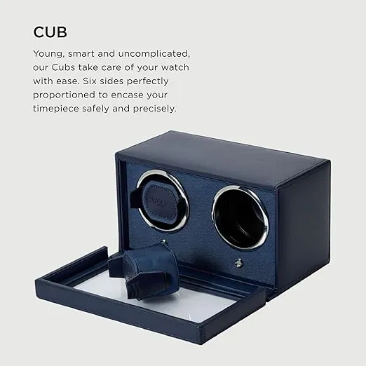 Wolf Cub Double Watch Winder with Glass Cover, Navy - Secure Fit with Patented Lock-in Dynamic Cuff - Accommodates All Wrist Sizes - Vegan Leather - Includes Universal Adapter