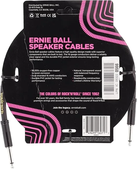 Ernie Ball Speaker Cable, Straight/Straight, 3ft, Black (P06071)