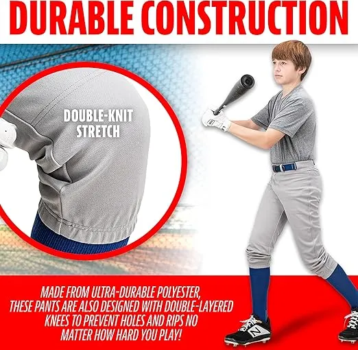 Franklin Sports Youth Baseball + Softball Pants - Knee High + Relaxed Fit Kids Baseball Pants - White, Black + Grey Pants