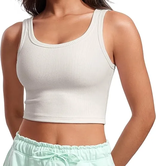 CRZ YOGA Womens Ribbed Longline Sports Bra - U Neck Padded Yoga Bra Workout Crop Tank Top with Built in Bra