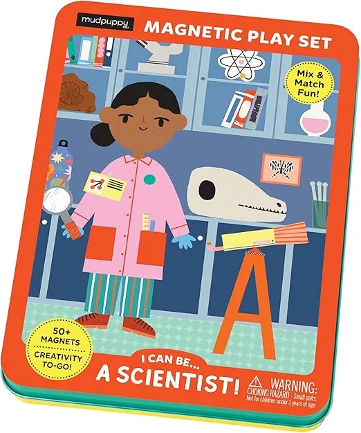 Mudpuppy I Can Be….A Scientist! Magnetic Tin from Mudpuppy, Includes 2 Brightly Illustrated Background Scenes and 50+ Mix and Match Magnets, Perfect for Travel Activities on The Go!, Ages 4+, Small