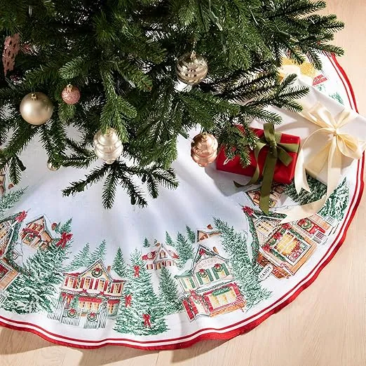 Elrene Home Fashions Storybook Christmas Village Nostalgic Holiday Round Tree Skirt Decoration, 48" W x 48" L, Multicolor