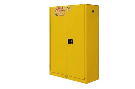 Durham FM Approved 1045M-50 Welded 16 Gauge Steel Flammable Safety Manual Door Cabinet, 2 Shelves, 45 gallons Capacity, 18" Length x 43" Width x 65" Height, Yellow Powder Coat Finish