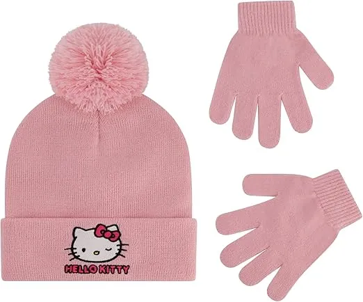 Hello Kitty Beanie Hat and Gloves Set, Girls Cuffed Winter Knit Cap with Pom and Matching Mittens, Blush, One Size