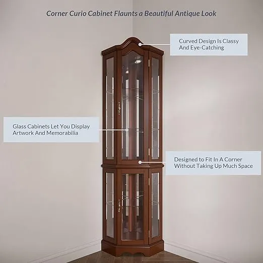 BELLEZE Lighted Corner Display Curved Top Curio Cabinet Wooden Shelving Unit with Tempered Glass Door, Bar and Liquor Storage Area with 5 Shelves - Loraine (Walnut)