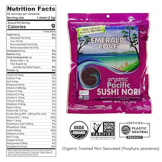 Emerald Cove Organic Nori Sheets for Sushi, Onigiri, Wraps, Non-GMO, Roasted Nori, Resealable Package, Product of Korea, 50 Sheets (1 pack)