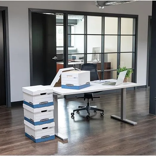Bankers Box 12 Pack STOR/FILE Medium-Duty File Storage Boxes, FastFold, String and Button, Legal, White/Blue