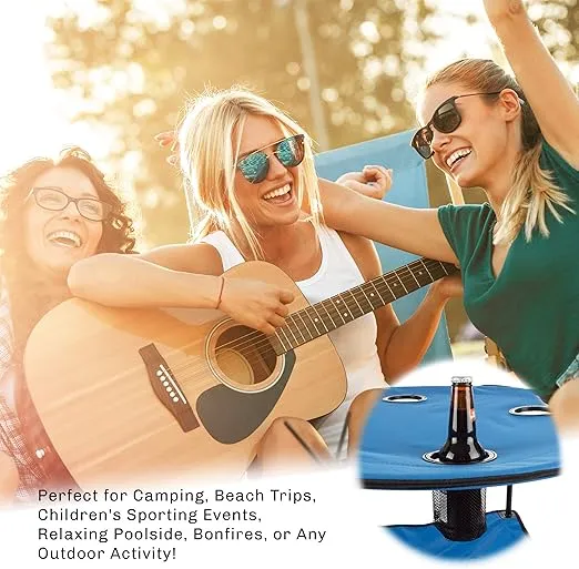 Wakeman Camp Table - Round 2-Tier Folding Table with 4 Cupholders and Carrying Bag - for Camping, Beach, Picnic, Sporting Events, and More Outdoors,Blue