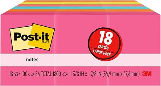 Post-it Mini Notes, 1 3/8 in x 1 7/8 in, 18 Pads, America's #1 Favorite Sticky Notes, Poptimistic Collection, Bright Colors (Blue, Orange, Pink, Green), Clean Removal, Recyclable (653-18AU)