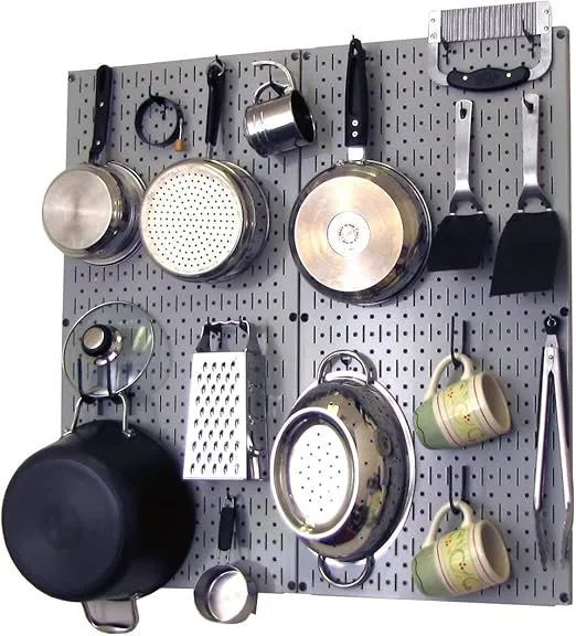 Wall Control Kitchen Pegboard Organizer Pots and Pans Pegboard Pack Storage and Organization Kit with Grey Pegboard and Black Accessories