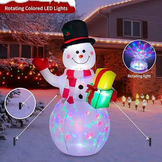 Rukars 5 Foot Inflatable Snowman w/Colored LEDs, Christmas Inflatables Outdoor Decorations Built-in Rotating Colorful Lights, Blow Up Snowman Yard Lawn Lighted for Holiday Season, Quick Air Inflated