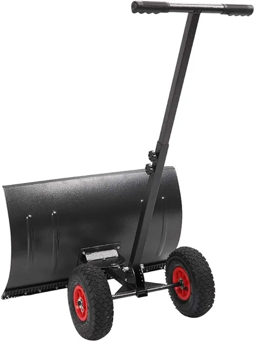 TUFFIOM Snow Pusher Shovel for Driveway with Wheels, 29" Wide Heavy Duty Push Snow Plow Shovel, Wheeled Rolling Snow Shovels for Snow Removal Adjustable Angle & Height Handle