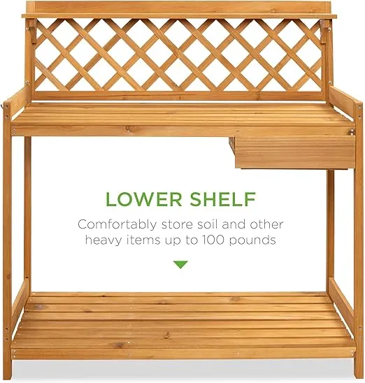 Best Choice Products Outdoor Garden Potting Bench, Wooden Workstation Table w/Cabinet Drawer, Open Shelf, Lower Storage, Lattice Back - Natural