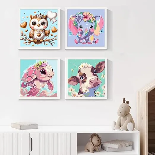 FLAJZ 4 Pack Paint by Numbers Kit for Kids, Animals Paint by Number Kits for Kids Ages 4-8, DIY Animal Oil Painting Suitable for Home Decoration (8x8inch)