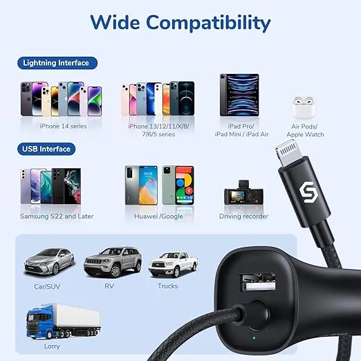 [Apple MFi Certified] Syncwire iPhone Car Charger 32W Super Fast Car Phone Charger Cigarette Lighter USB Car Adapter with Build-in 5FT Coiled Lightning Cable for Apple iPhone 14/13/12/11/XR/Max, iPad