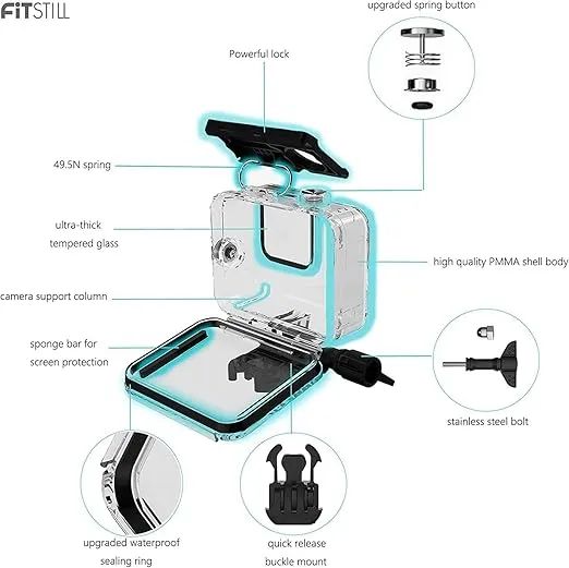 FitStill 196FT/60M Waterproof Case for Go Pro Hero 9 Hero 10 Hero 11 Hero 12 Black,Protective Underwater Diving Housing for Hero 9/10/11/12 Black Action Camera Accessories Kit