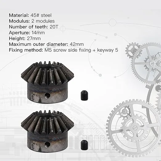 CNBTR 2PCS 45# Steel 2 Modulus 20 Teeth 14mm Hole Dia 90 Degrees Tapered Bevel Gear Wheel