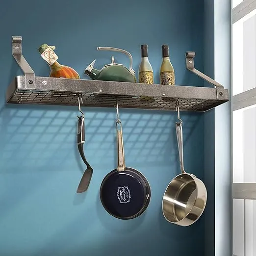Enclume Premier Bookshelf Wall Pot Rack, Hammered Steel